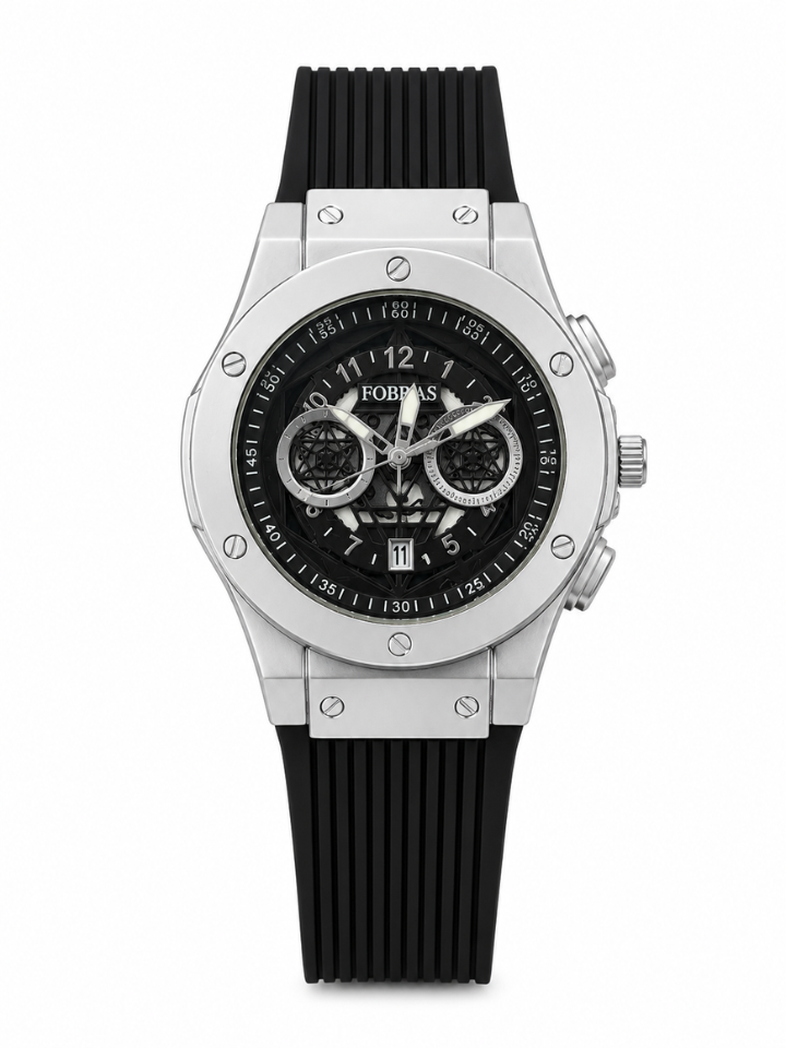 Men's Analog Chronograph Style Watch | Black Dial | Silver Stainless Steel Case | Black Silicone Strap | S2EHUB001