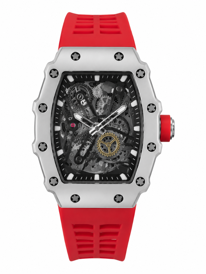 AZARE Skeleton Dial Luxury Automatic Style Watch – Red Silicone Strap | Premium Men's Watch