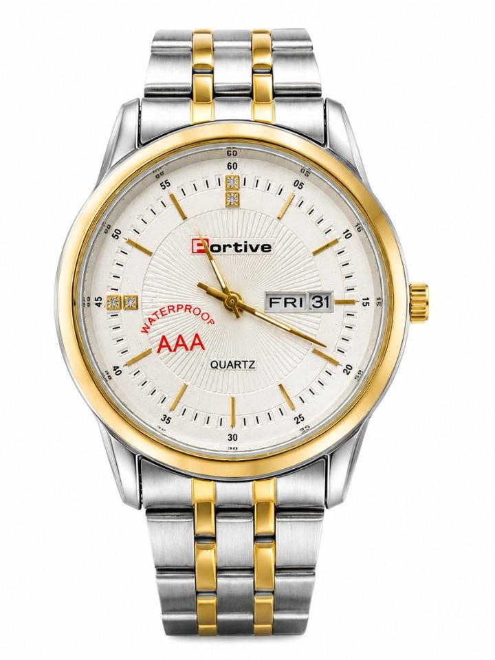 Portive Men's Analog Quartz Watch with Day & Date | White Dial | Two-Tone Silver Gold Stainless Steel Strap | Luxury Wrist Watch for Men | PORDW01