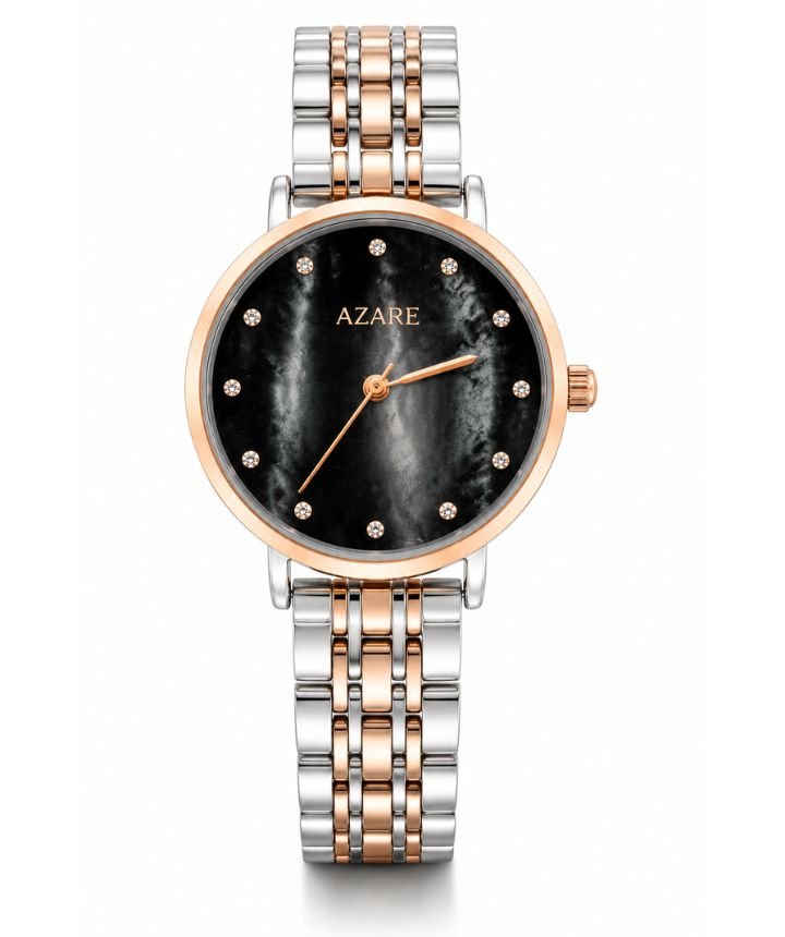 Azare Women's Luxury Black Marble Analog Watch – Rose Gold Two-Tone Steel Strap | T-AZ-LW-BMD-RG-001