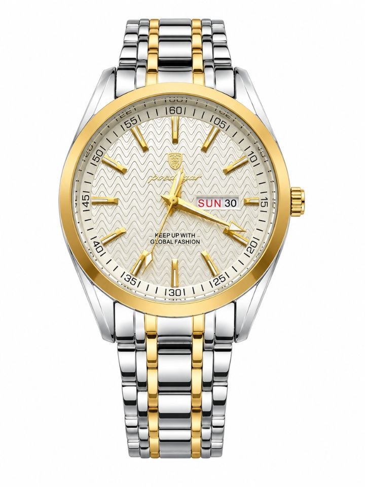 POEDAGAR Men's Analog Day & Date Stainless Steel Two Tone Silver Gold Watch | Premium Quartz Wrist Watch for Men | Formal, Casual & Office Wear | POEDWH001