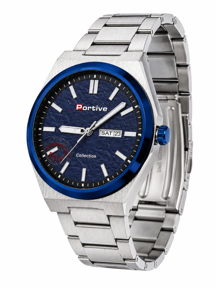 Portive Men's Luxury Analog Watch | Blue Textured Dial | Day & Date Display | Stainless Steel Silver Strap | Premium Quartz Wrist Watch for Men | PORB001