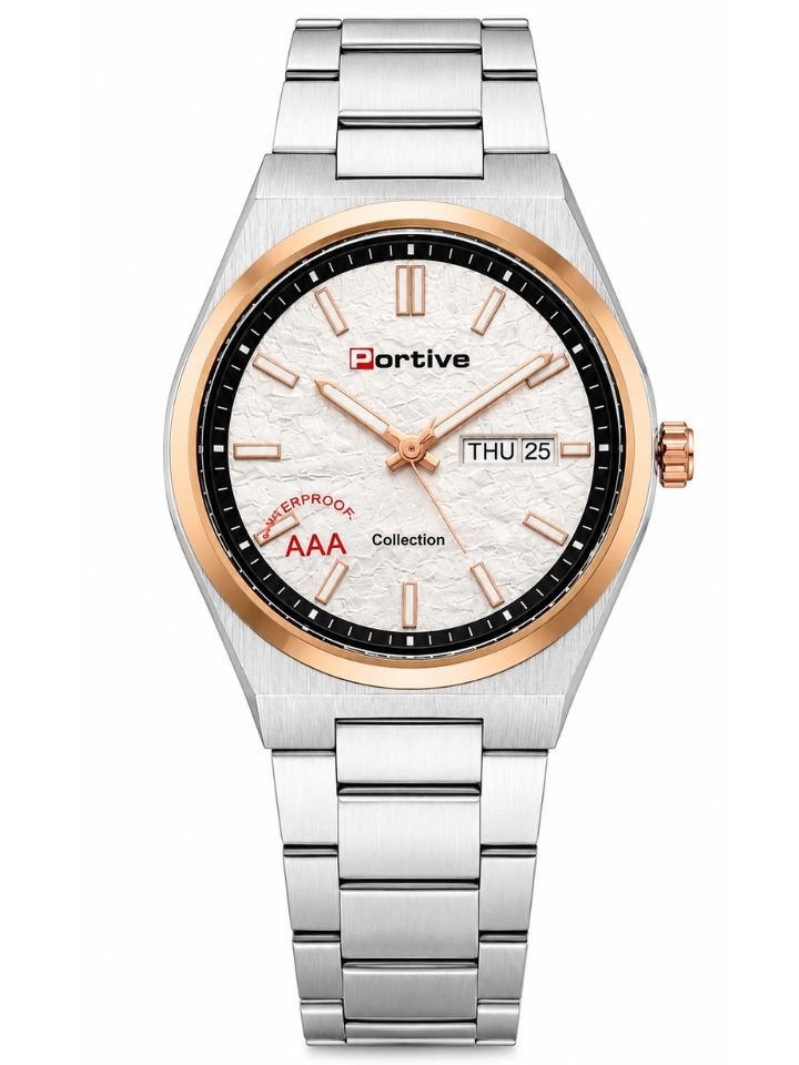 Portive Men's Luxury Analog Quartz Watch | White Textured Dial | Rose Gold Bezel | Stainless Steel Silver Strap | Day & Date Display | Premium Formal & Casual Wrist Watch | PORWR01