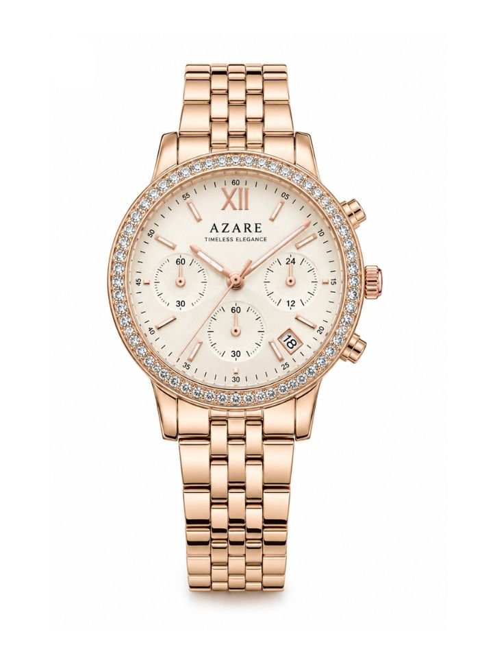 Azare Women's Luxury Rose Gold Multifunction Analog Watch | Crystal Bezel Stainless Steel Watch